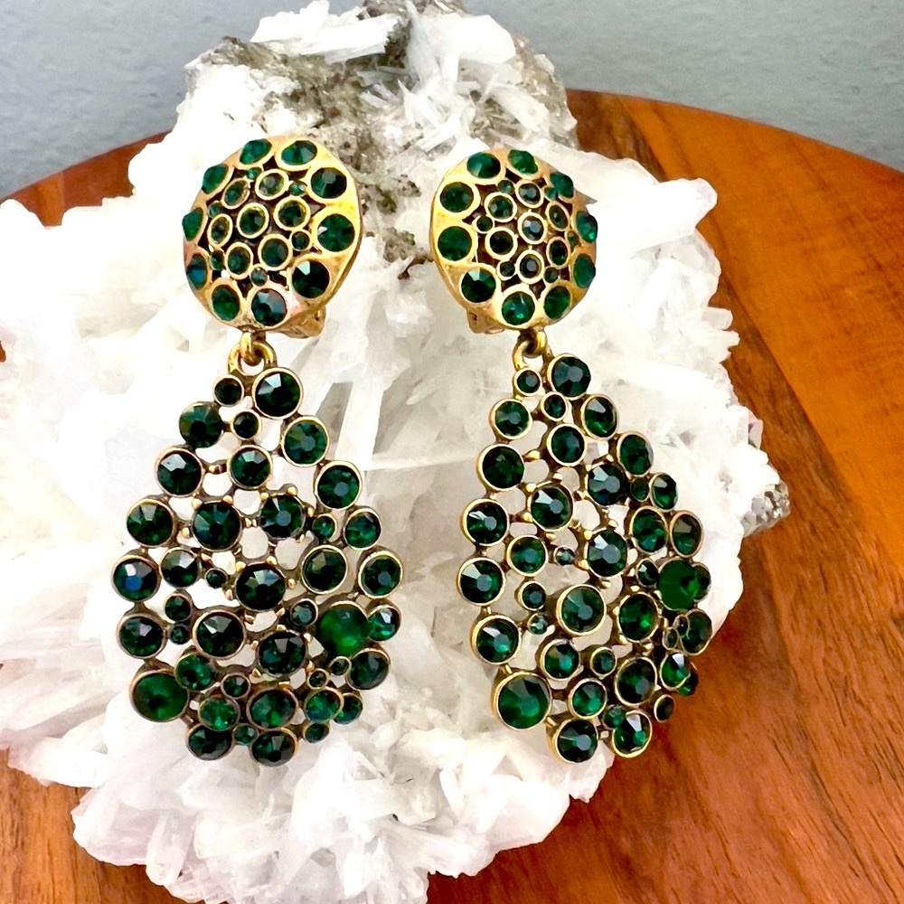 Vintage Oscar de la Renta Forest Green Pave Crystal Drop Clip-on Earrings